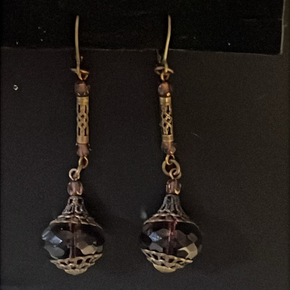 Antique Art Nouveau Bronze Filagree Purple Czech Glass Beaded Drop Earrings - Picture 12 of 15